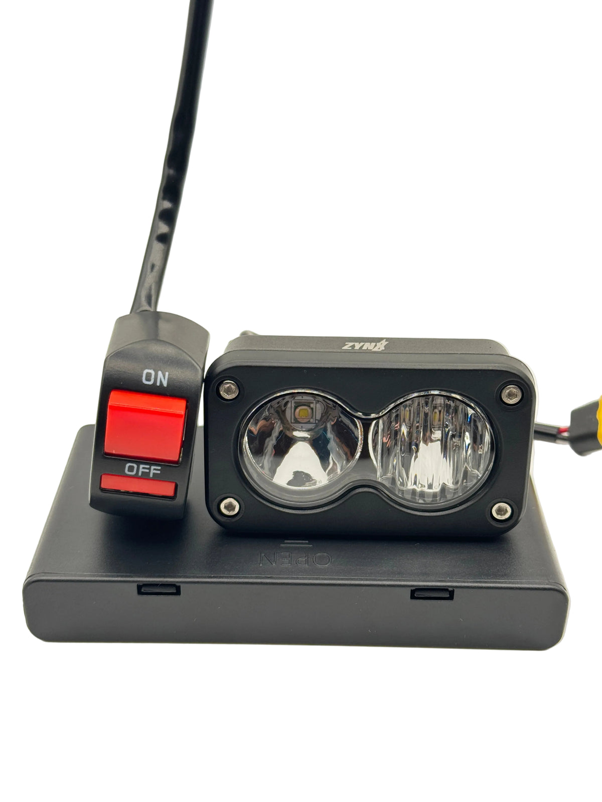 ZYNX Universal Baja Light with white lens, battery box and handlebar on/off switch